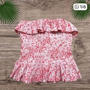 Antonio Melani Top Women's 6 Red White Floral Ruffle Strapless Top